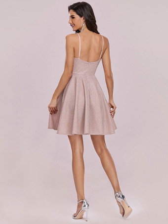 ピンクの帰郷ドレスショートAラインVネックノースリーブジッパーバックレスポリエステルミニイブニングドレス