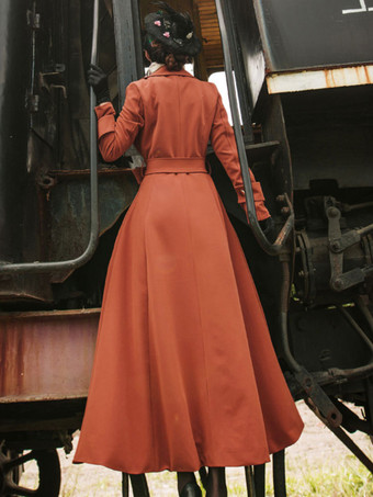 女性用コート オレンジ レッド Vネック 長袖 サッシュ ストレッチ フルレングスコート