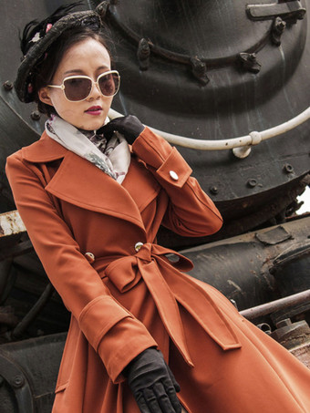 女性用コート オレンジ レッド Vネック 長袖 サッシュ ストレッチ フルレングスコート