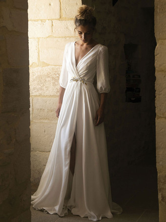 A Linie Brautkleid Weiß Standesamtkleider Chiffon V-Ausschnitt 3/4 Ärmel A Linie Hochzeitskleid