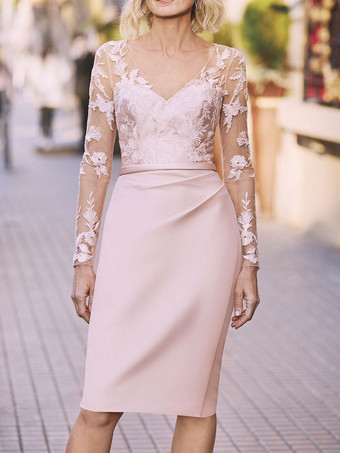 Light Pink Party Dress For Mother Of The Bride V-Neck Long Sleeves Sheath Lace Wedding Guest Dresses Free Customization