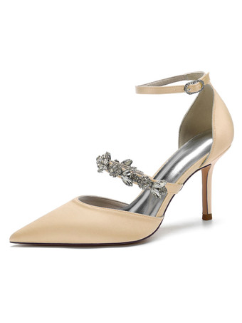 シャンパンカラー女性のブライダルシューズラインストーンサテンポインテッドトゥスティレットヒールブライダルシューズ