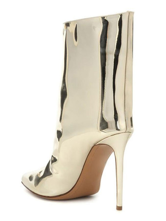 女性アンクルブーツレザーライトゴールドポインテッドトゥブライトレザースティレットヒールハイヒールブーツ