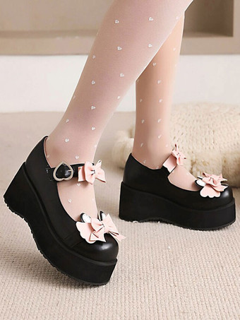 甘いロリータシューズブラックボウラウンドトゥPUレザーロリータシューズ