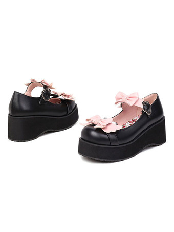 甘いロリータシューズブラックボウラウンドトゥPUレザーロリータシューズ