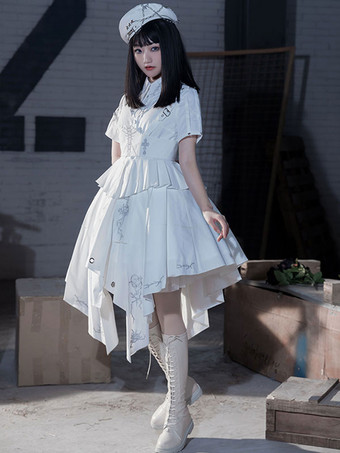 Military Style Gothic Lolita OP Dress Side Draping Short Sleeve White Lolita One Piece Dress