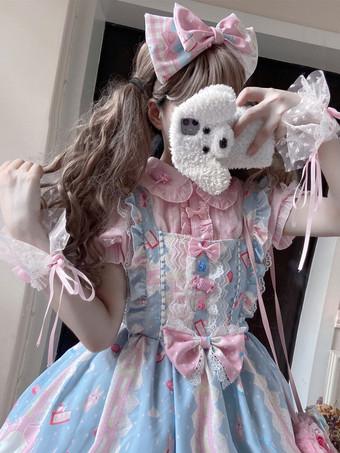 Sweet Lolita Dress Polyester Long Sleeves Ruffles Lace Bows Pink Sweet  Lolita One Piece Dress