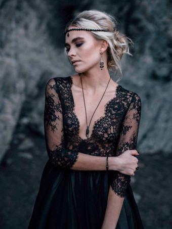 黒のウェディングドレス A ライン五分袖レーストレーンブライダルガウン無料カスタマイズ