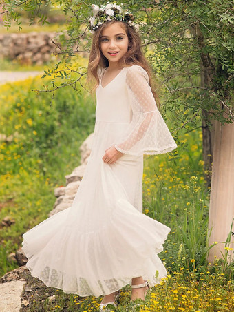 Robe de fille de fleur blanche en dentelle col V manche longue transparente à cheville robe cortège enfant