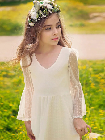 ホワイト ボヘミアン レース フラワーガール ドレス Vネック 長袖 フロアレングス Aライン 子供用 社交パーティードレス