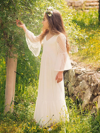 ホワイト ボヘミアン レース フラワーガール ドレス Vネック 長袖 フロアレングス Aライン 子供用 社交パーティードレス