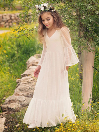 ホワイト ボヘミアン レース フラワーガール ドレス Vネック 長袖 フロアレングス Aライン 子供用 社交パーティードレス