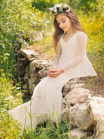 ホワイト ボヘミアン レース フラワーガール ドレス Vネック 長袖 フロアレングス Aライン 子供用 社交パーティードレス