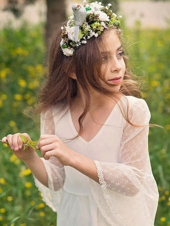 ホワイト ボヘミアン レース フラワーガール ドレス Vネック 長袖 フロアレングス Aライン 子供用 社交パーティードレス