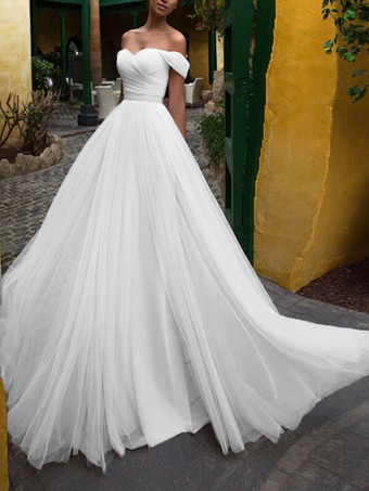 Blanc Robe de mariée dentelle bustier hors des épaules boutonné sur dos à traîne