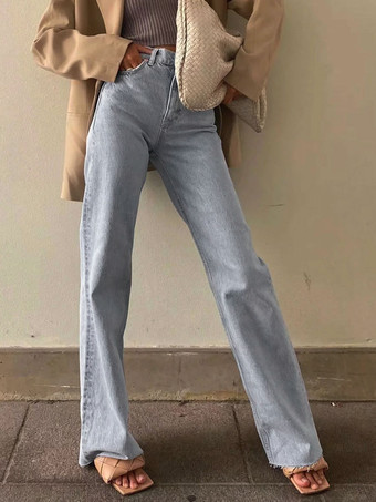 Jean Pantalons en Denim Femme Unicolore à Zip avec Boutons
