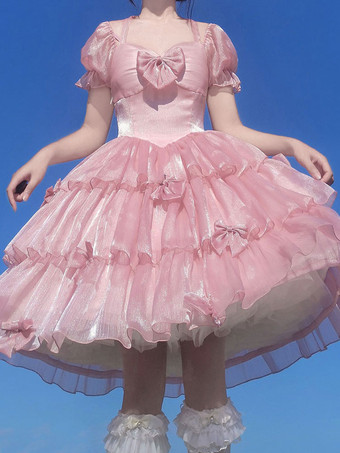 ロリータOPドレスポリエステル半袖フリルリボンロリータワンピースドレス 甘い ピンク