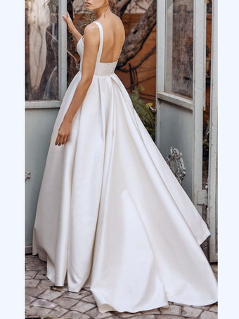 ウェディングドレス ビンテージ スクエアネック ノースリーブ サテン生地 コートトレーン サッシュ ブライダルドレス オーダーメイド