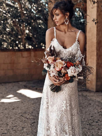 アイボリー自由奔放に生きるウェディングドレス トレーン付き アイボリー Aライン ノースリーブ Vネック バックレス レース ブライダルドレス 無料カスタマイズ