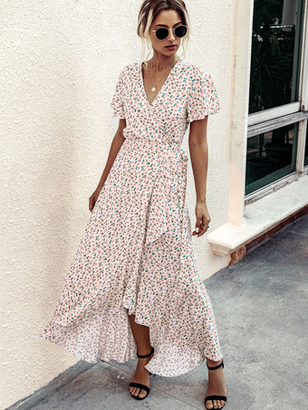 Vネックマキシワンピース半袖ポリエステルプリントロングワンピース