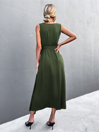 マキシワンピースVネックノースリーブポリエステルロングワンピース