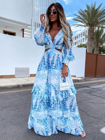 ライトスカイブルーマキシワンピースVネック長袖ポリエステルプリントフロア丈ワンピース