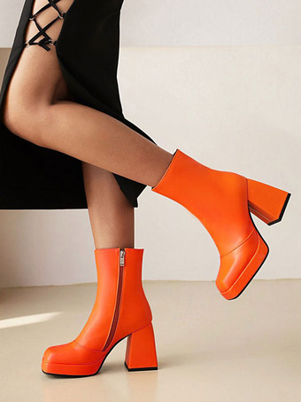 レディース ピンク ブーティ プラットフォーム スクエアトゥ ブロックヒール アンクルブーツ