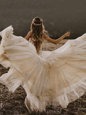 Boho Wedding Dresses A Line Deep V Neck Floor Length Sleeveless Lace Backless Bridal Gowns