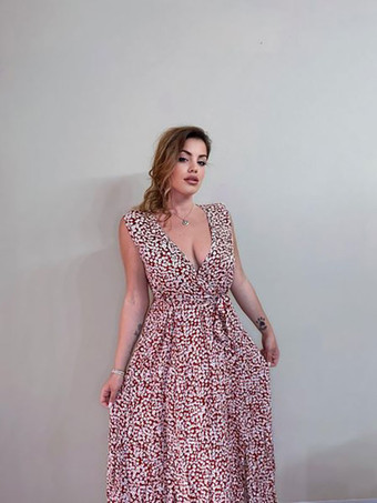 マキシワンピース 花柄 ブリックレッド ノースリーブ スプリット Vネック レディースワンピース