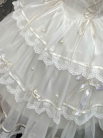 姫ロリドレス 甘ロリ フリル 半袖 クラシカルロリータ クラロリ 半袖 ワンピース 膝丈 可愛い リボン レース 白