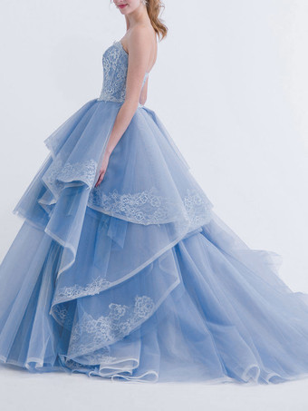 青いウェディングドレスAラインストラップレスノースリーブバックレスレースナチュラルウエストトレインブライダルガウン