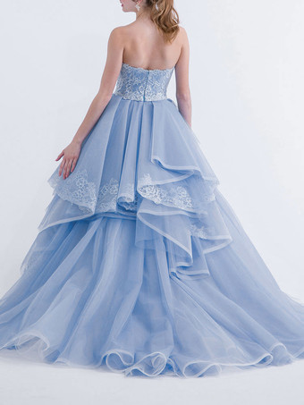 青いウェディングドレスAラインストラップレスノースリーブバックレスレースナチュラルウエストトレインブライダルガウン