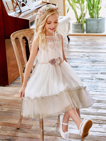 フラワーガールドレスシャンパンジュエルネックノースリーブポリエステルレースチュールフラワーキッズソーシャルパーティードレス