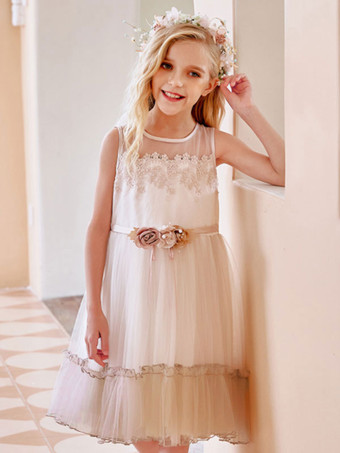 フラワーガールドレスシャンパンジュエルネックノースリーブポリエステルレースチュールフラワーキッズソーシャルパーティードレス