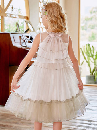 フラワーガールドレスシャンパンジュエルネックノースリーブポリエステルレースチュールフラワーキッズソーシャルパーティードレス
