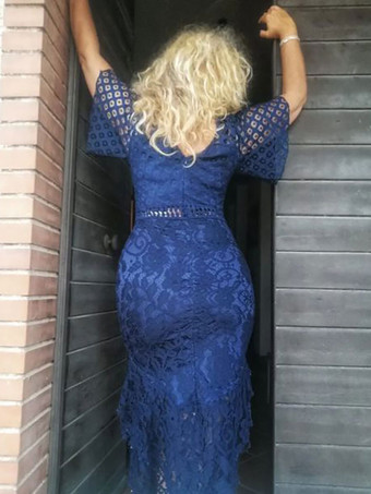 レースドレス バーガンディ ジュエルネック ハーフスリーブ ロング サマー カジュアル ミディドレス ワインレッド