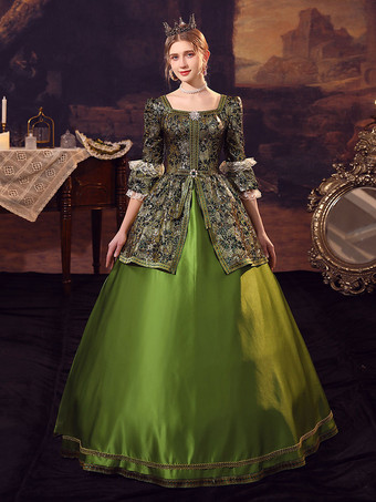 Prom Dress Victorian Dress Rococo Jacquard Dress Era Long Sleeves Green Vintage Dress with Hat