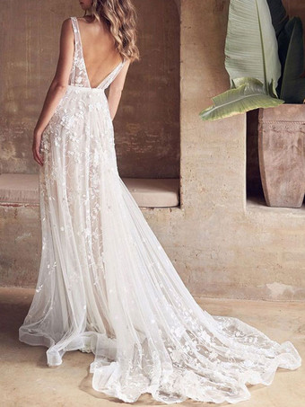 トレインAラインノースリーブレースVネックブライダルガウンのウェディングドレス