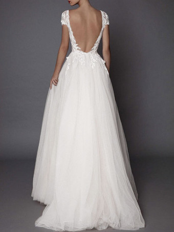 Robe de mariée bohémien ivoire en tulle col V plongeant dos nu jupe fendue robe de mariage