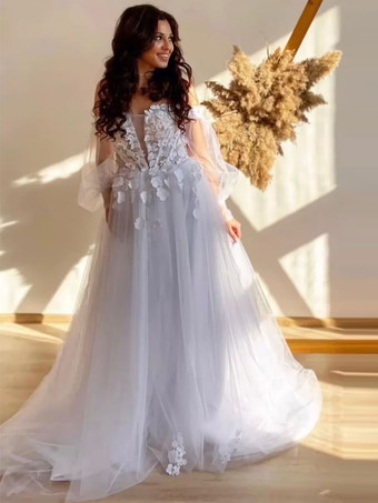 アイボリーのシンプルなレースのウェディングドレス、トレインAラインのオフショルダー長袖バックレスブライダルガウン