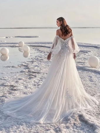 アイボリーのシンプルなレースのウェディングドレス、トレインAラインのオフショルダー長袖バックレスブライダルガウン