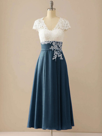 ダークネイビーマザーオブザブライドドレスVネック半袖Aラインカットアウトゲストドレス結婚式用