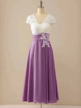 プラムマザーオブザブライドドレスVネック半袖Aラインカットアウトゲストドレス結婚式用