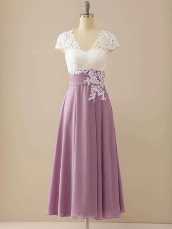ラベンダーマザーオブザブライドドレスVネック半袖Aラインカットアウトゲストドレス結婚式用