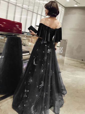 プロムドレス 星座ドレス ロングチュール ベルベット パッチワーク フリル グリッター マキシ フォーマルパーティードレス 結婚式のゲストドレス 無料カスタマイズ