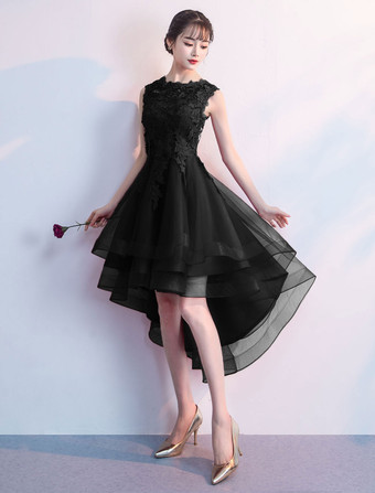 カクテルドレスレッドハイローウエディングホームカミングドレスレースアップリケ非対称パーティードレス