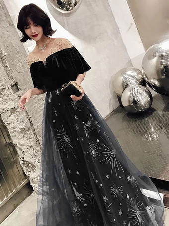 ブラックプロムドレス 星座ドレス ロングチュール ベルベット パッチワーク フリル グリッター マキシ フォーマルパーティードレス 結婚式のゲストドレス 無料カスタマイズ