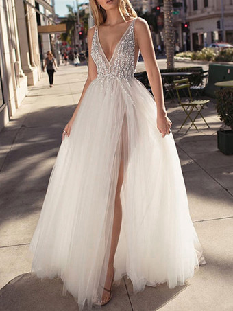 Vestido de novia 2024 Una línea de cuello en V sin mangas con cuentas tren de la corte frente dividido vestidos de novia de tul