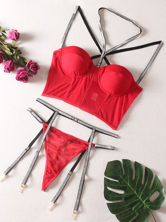 Sujetadores Lencería para mujer Sujetador de poliéster de encaje negro Medias Panty Conjunto de 3 piezas