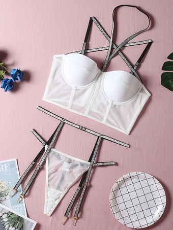 Sujetadores Lencería para mujer Sujetador de poliéster de encaje negro Medias Panty Conjunto de 3 piezas